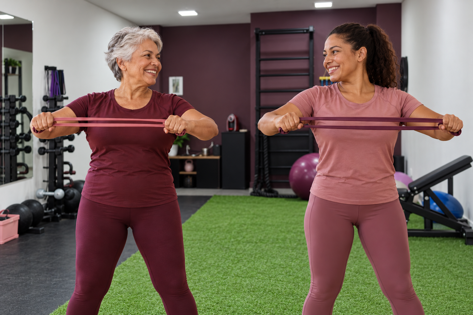 Duas mulheres de diferentes idades praticando exercício com elásticos