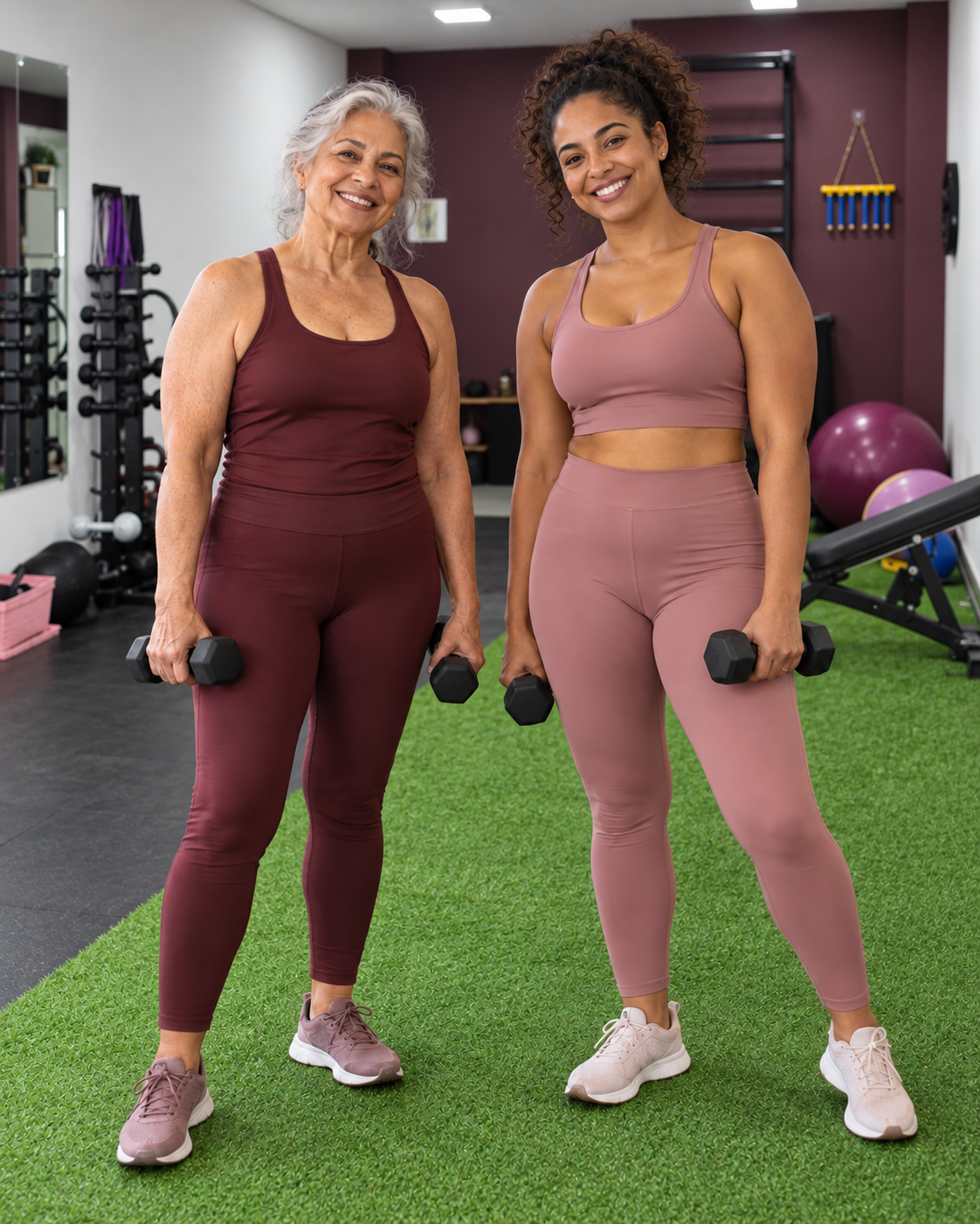 Uma senhora e uma mulher adulta com halteres no espaço de treinamento